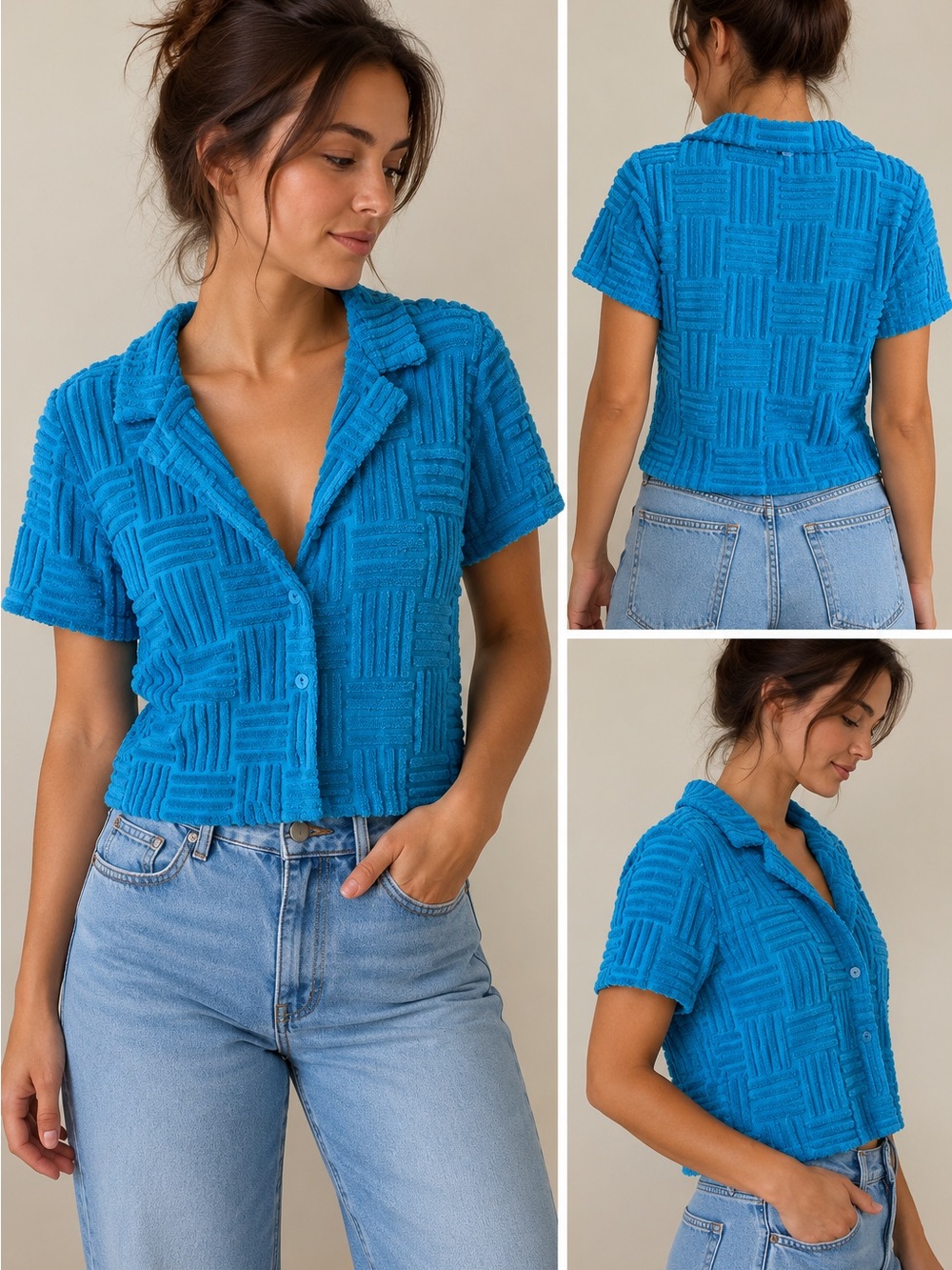 Turquoise terry cloth oversized crop top-Medium